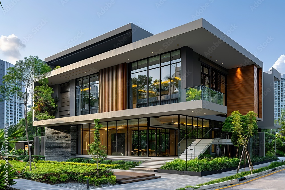 A large, modern house with a large front porch and a large window A large, modern house with a large front porch and a large window
