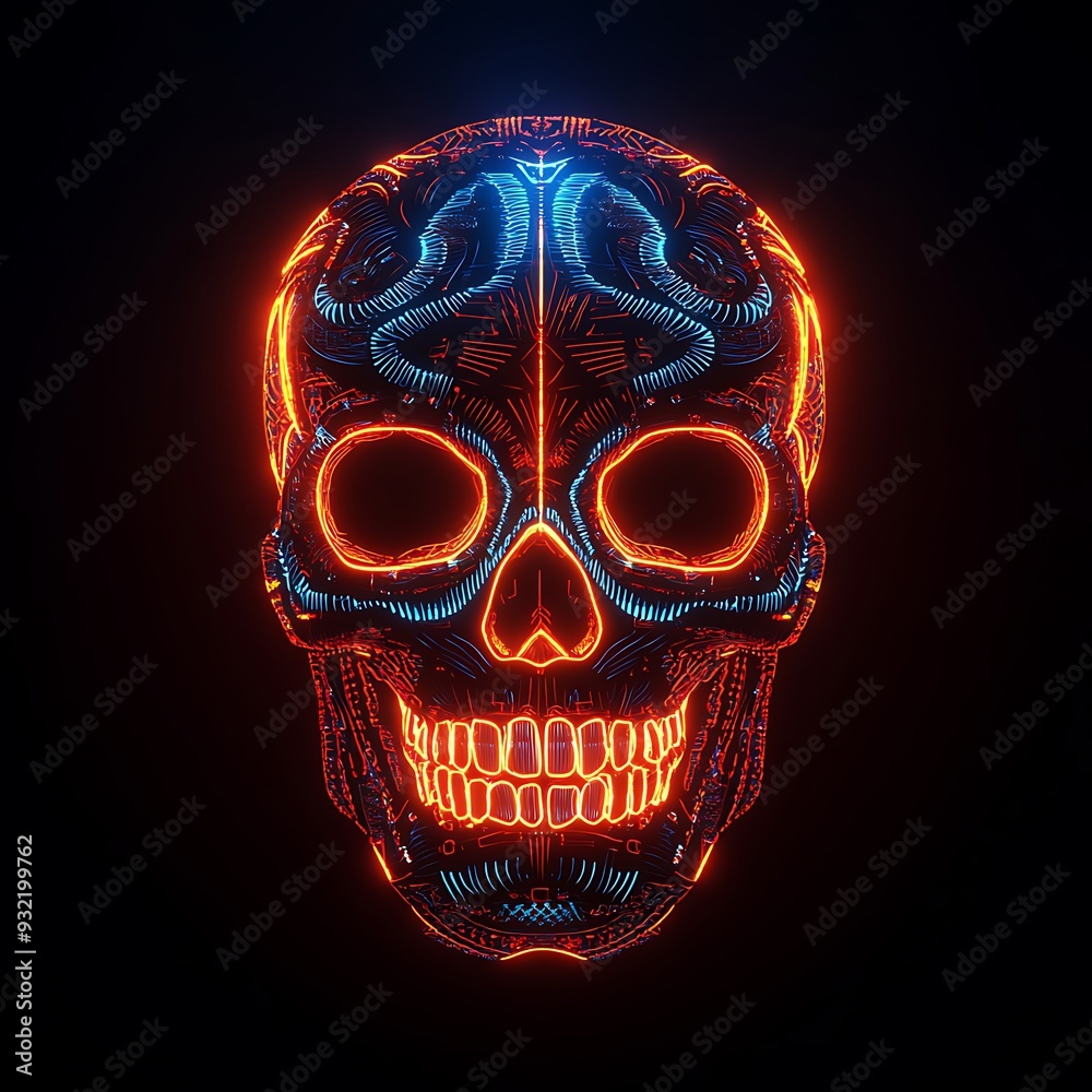 Neon glowing skull with intricate tribal patterns, dark background, futuristic design, perfect for tech or gaming icons Neon glowing skull with intricate tribal patterns, dark background, futuristic design, perfect for tech or gaming icons