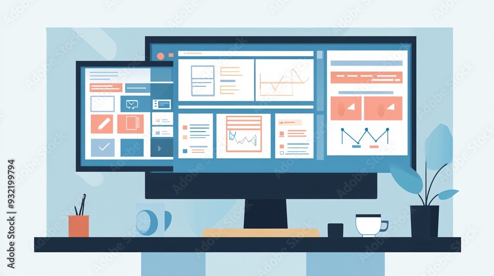 A detailed workspace of an information architect, showcasing a dual-monitor setup with wireframes and user journey maps