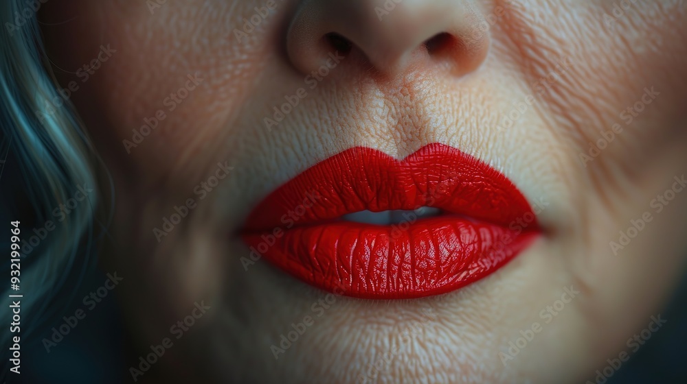 the lips of an old wrinkled woman are painted with red lipstick Close-up the lips of an old wrinkled woman are painted with red lipstick Close-up