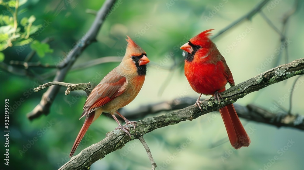 Two colorful cardinals sit closely on a branch, surrounded by rich greenery, enjoying a peaceful moment together Two colorful cardinals sit closely on a branch, surrounded by rich greenery, enjoying a peaceful moment together