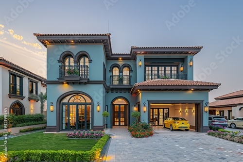 A large house with a yellow car parked in the driveway