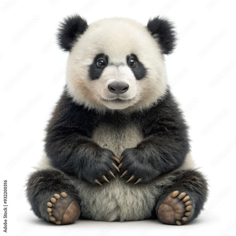 Panda bear sitting on hind legs with paws clasped against a white background. Generative AI Panda bear sitting on hind legs with paws clasped against a white background. Generative AI