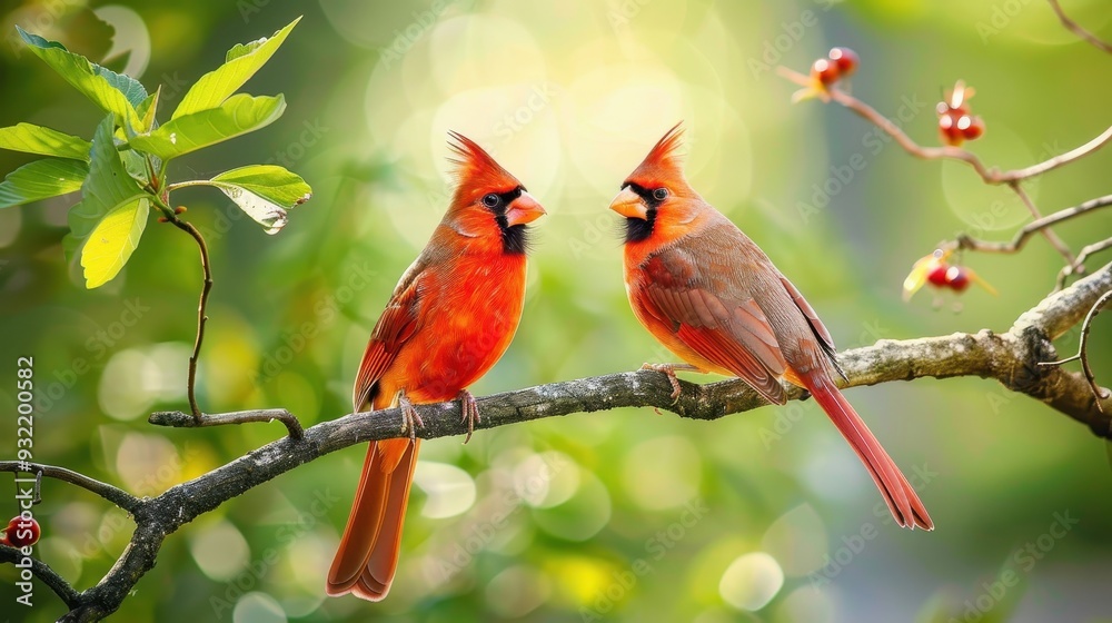 Two bright cardinals sit closely on a branch, surrounded by lush foliage and berries in the sunlight Two bright cardinals sit closely on a branch, surrounded by lush foliage and berries in the sunlight
