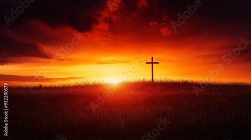 A wooden cross stands tall against a fiery sunset, casting a silhouette against the vibrant sky.