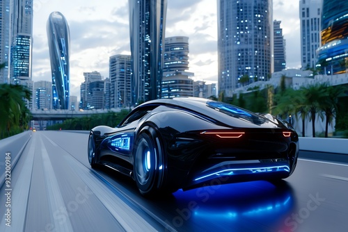 A futuristic black car with glowing blue lights driving through a modern city skyline showcasing advanced architecture.