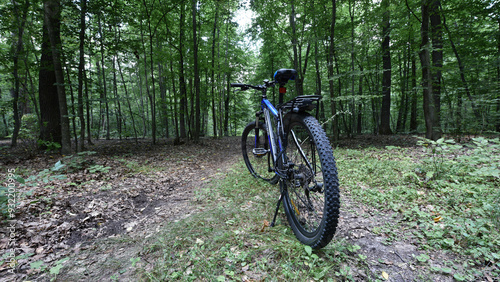 Kyiv, Ukraine, 19.07.2024. bike. A mountain bike stands on a trail in a summer forest. cycling outdoor. sports, cycling, outdoor activities. spring park. transport, summer or spring time. editorial