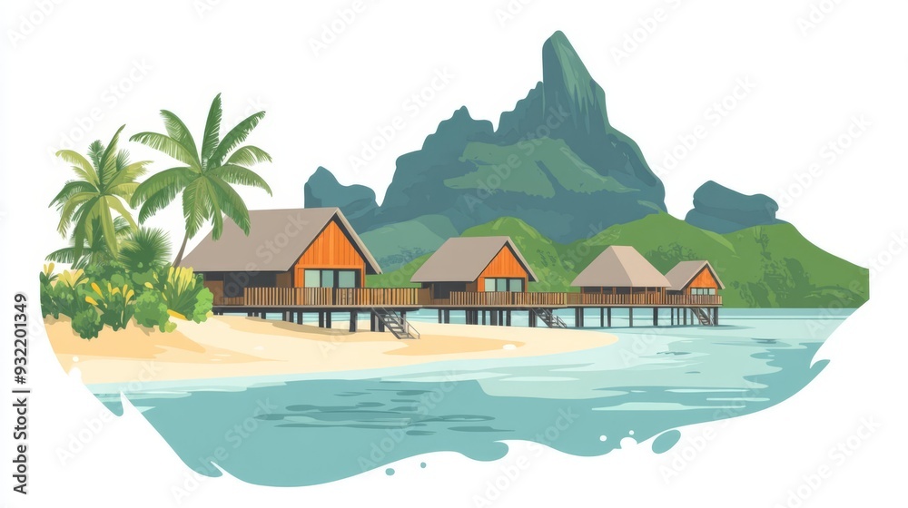 Naklejka premium Overwater bungalows, sandy beach, and vibrant sea in Bora Bora, flat design illustration