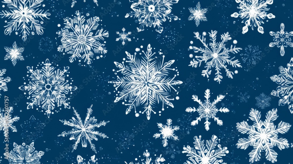 Intricate snowflake pattern with delicate details, flat , minimalist style, white on blue, clean lines Intricate snowflake pattern with delicate details, flat , minimalist style, white on blue, clean lines