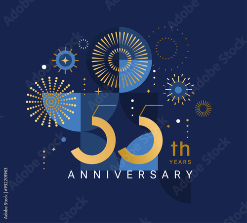 Anniversary 55, celebrating fifty five years,55th anniversary.Elegant card for event with abstract golden fireworks and golden numbers on blue background with geometric pattern.Vector illustration