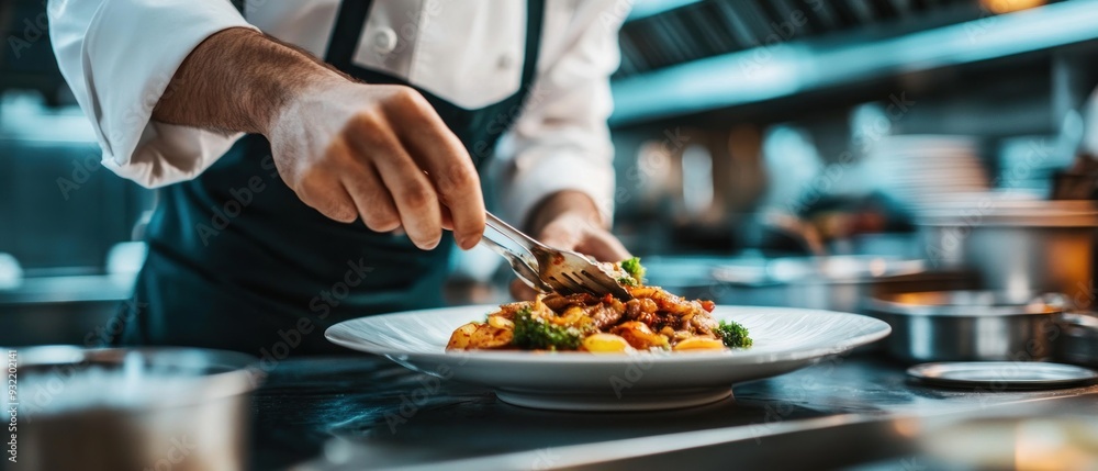 Chef Plating a Gourmet Meal with Tongs in a Restaurant Kitchen Chef Plating a Gourmet Meal with Tongs in a Restaurant Kitchen