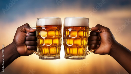 Two black African-American hands holding pints of beer in a toast celebration