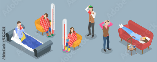 3D Isometric Flat Vector Illustration of Diverse Unhealthy People, Charecters Suffering from Flu and Fever with Cough and Sneeze