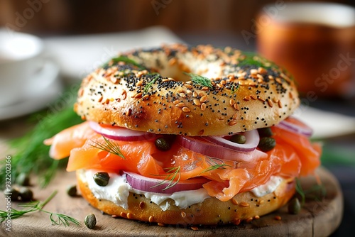 A gourmet bagel with smoked salmon, cream cheese, red onions, capers, and dill.