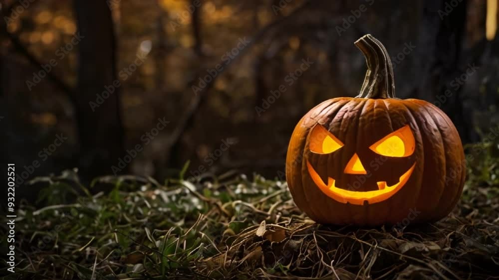 copyspace Halloween pumpkin in the middle of a dark forest at night animated video copyspace Halloween pumpkin in the middle of a dark forest at night animated video