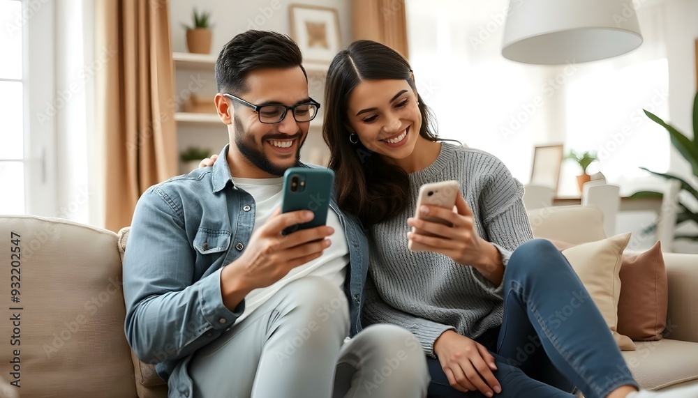 Fototapeta premium Happy young beautiful couple using smartphone sitting on sofa in living room interior at home