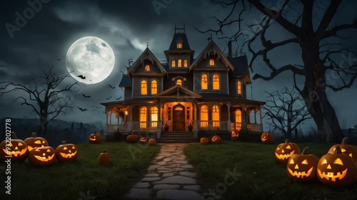 Old haunted house surrounded by Halloween pumpkins and bats on a sinister full moon night AI video photo