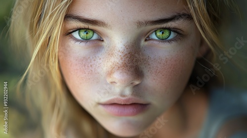 Teen, droopy green eyes, arched eyebrows, straight medium blonde hair, pale, skinny, outdoors