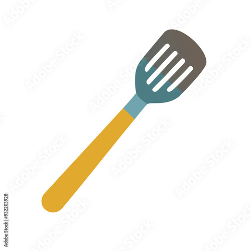 Flat icon of kitchen spatula. Isolated vector illustration of blue yellow pancake turner for flipping, turning, and foods. Minimalist vintage food breakfast recipe clipart for chef, baker or cook.