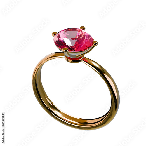Gold ring with red stone without background 3D render
