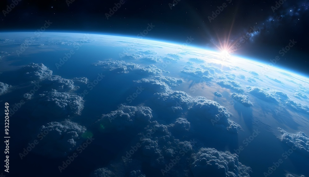 Fototapeta premium A view of the Earth's atmosphere from space, with the planet's curved horizon visible against the dark backdrop of space. The image shows a bright sun peeking out from behind the Earth's edge, 