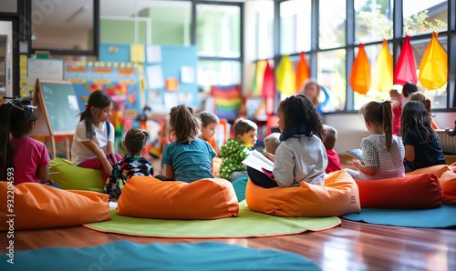 Diverse Group of Children Sitting on Bean Bags in a Bright and Colorful Classroom During a Story Time Session