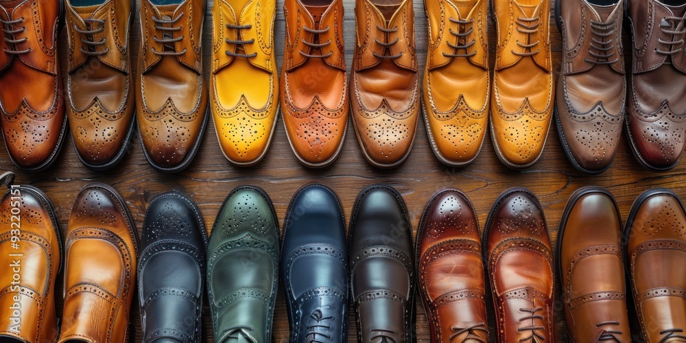 A variety of elegant dress shoes displayed in an organized arrangement A variety of elegant dress shoes displayed in an organized arrangement
