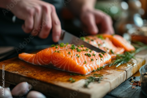 Chef slicing fresh salmon fillet with herbs on a wooden board in the kitchen. photo