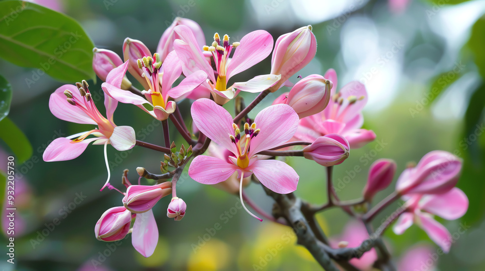 Obraz premium A pink flowering plant with many blossoms.