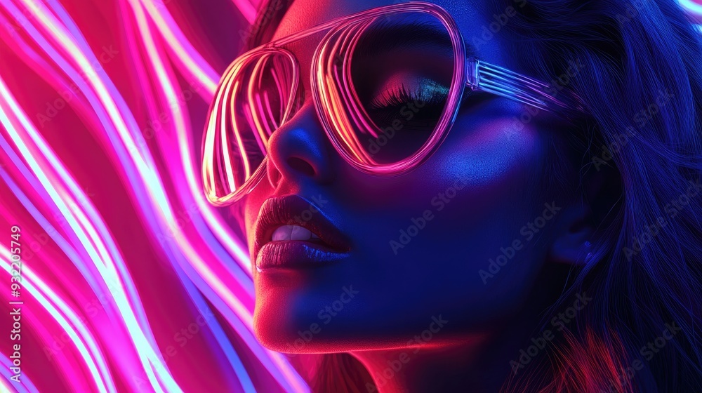 Neon Fashion: Woman with Futuristic Sunglasses in Vibrant Neon Lit Background Neon Fashion: Woman with Futuristic Sunglasses in Vibrant Neon Lit Background