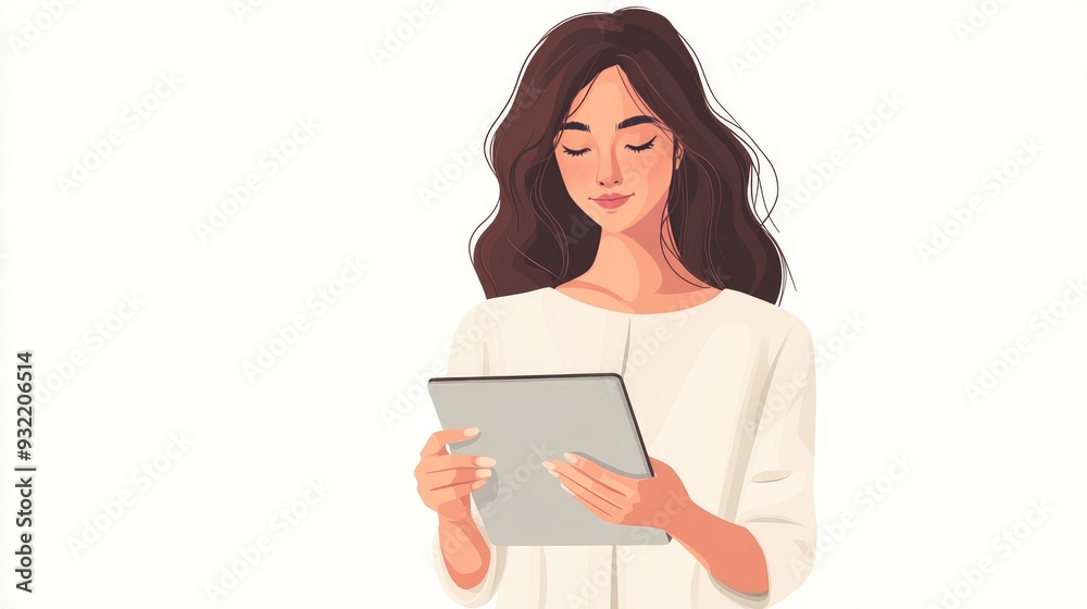 Young Woman Reading on Digital Tablet, Focused Expression, White Background, Casual Attire Young Woman Reading on Digital Tablet, Focused Expression, White Background, Casual Attire