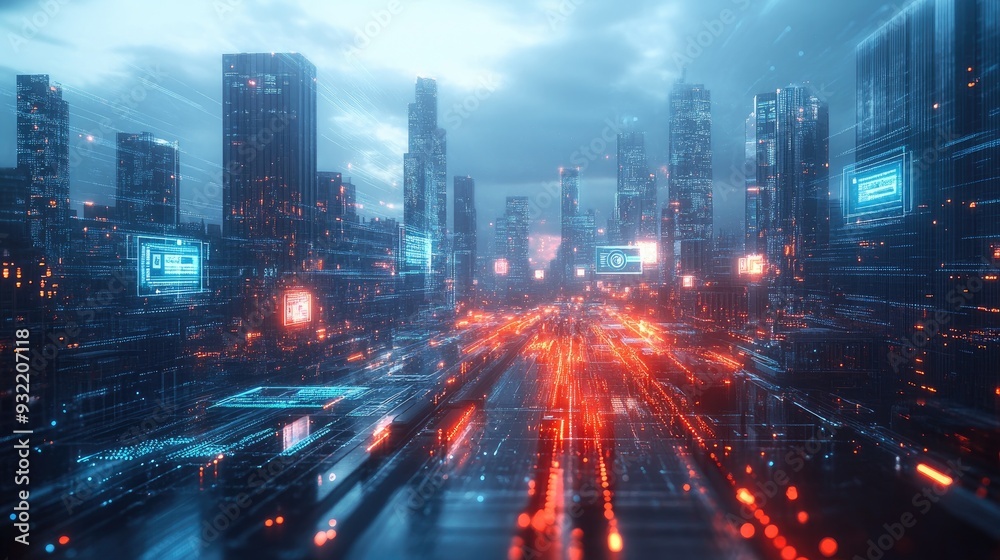 Fototapeta premium Futuristic City Skyline with Digital Data Overlay and Cyberpunk Aesthetic