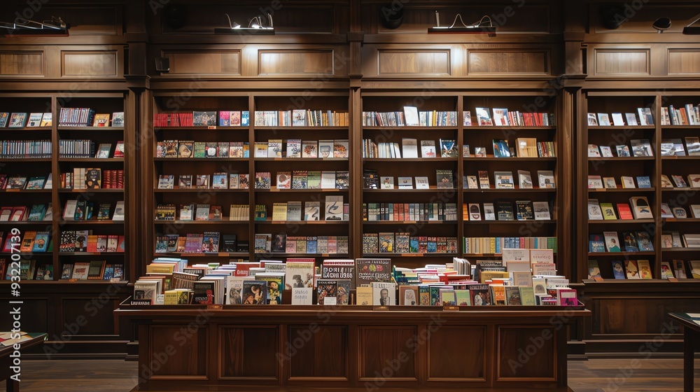 Fototapeta premium Rows of Books on Wooden Shelves in a WellLit Bookstore
