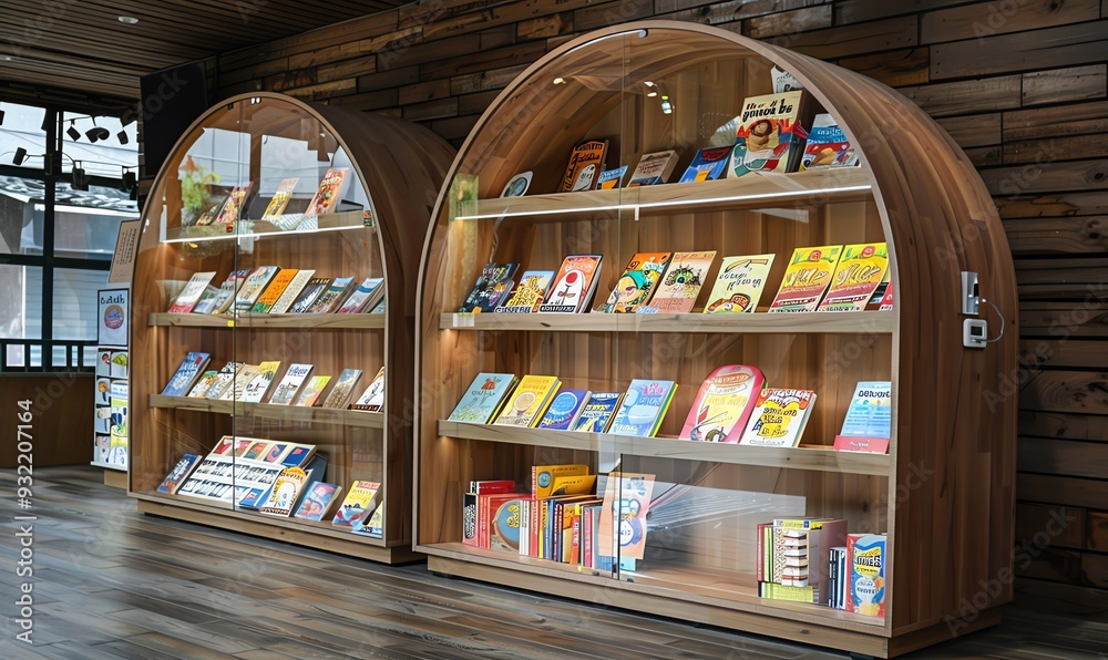 Two Modern Bookcases Displaying Colorful Childrens Books in a Retail Setting Two Modern Bookcases Displaying Colorful Childrens Books in a Retail Setting