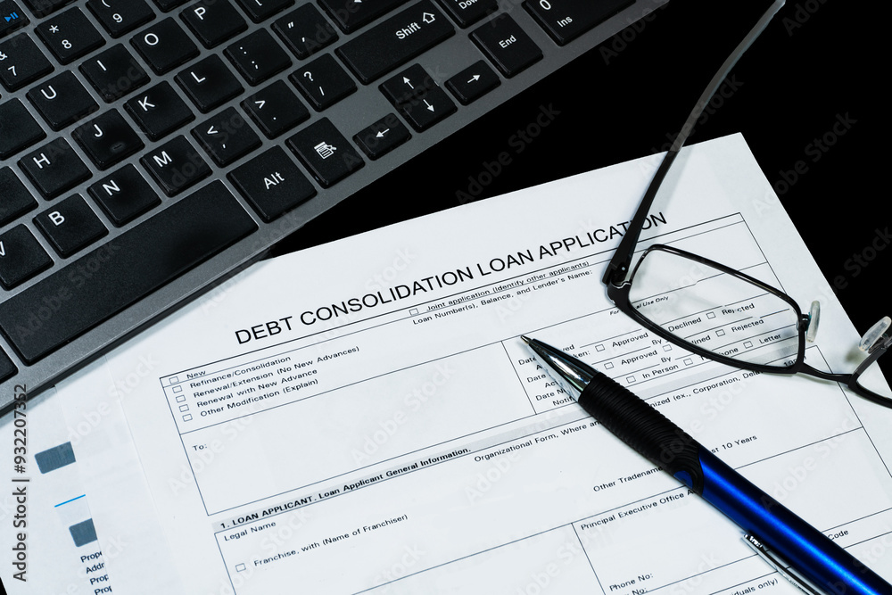 Close up of a debt consolidation loan form on desk with keyboard, eyeglasses and pen Close up of a debt consolidation loan form on desk with keyboard, eyeglasses and pen