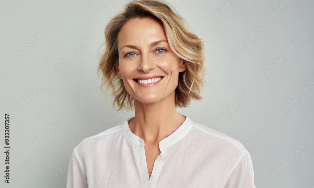 Portrait of smiling middle aged woman looking at camera over grey background Portrait of smiling middle aged woman looking at camera over grey background