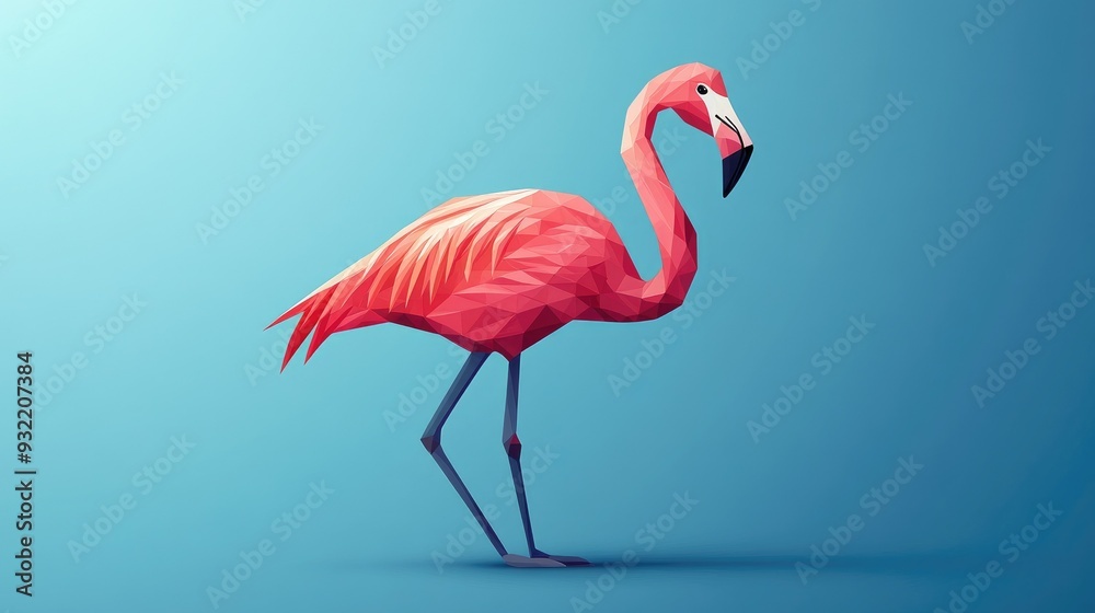 Fototapeta premium Geometric Flamingo Against Blue Background - Modern Polygons Art and Digital Illustration
