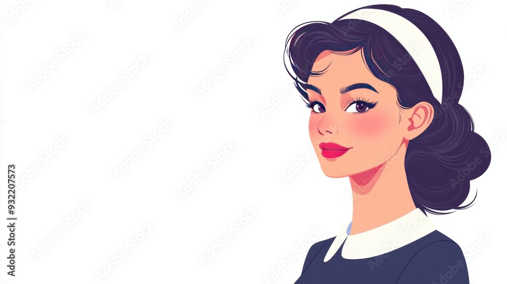 Elegant Woman in Retro Style Illustration with Headband on White Background Elegant Woman in Retro Style Illustration with Headband on White Background