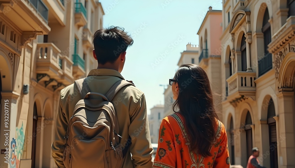 Tourists exploring the narrow streets of the old town in a warm place Tourists exploring the narrow streets of the old town in a warm place