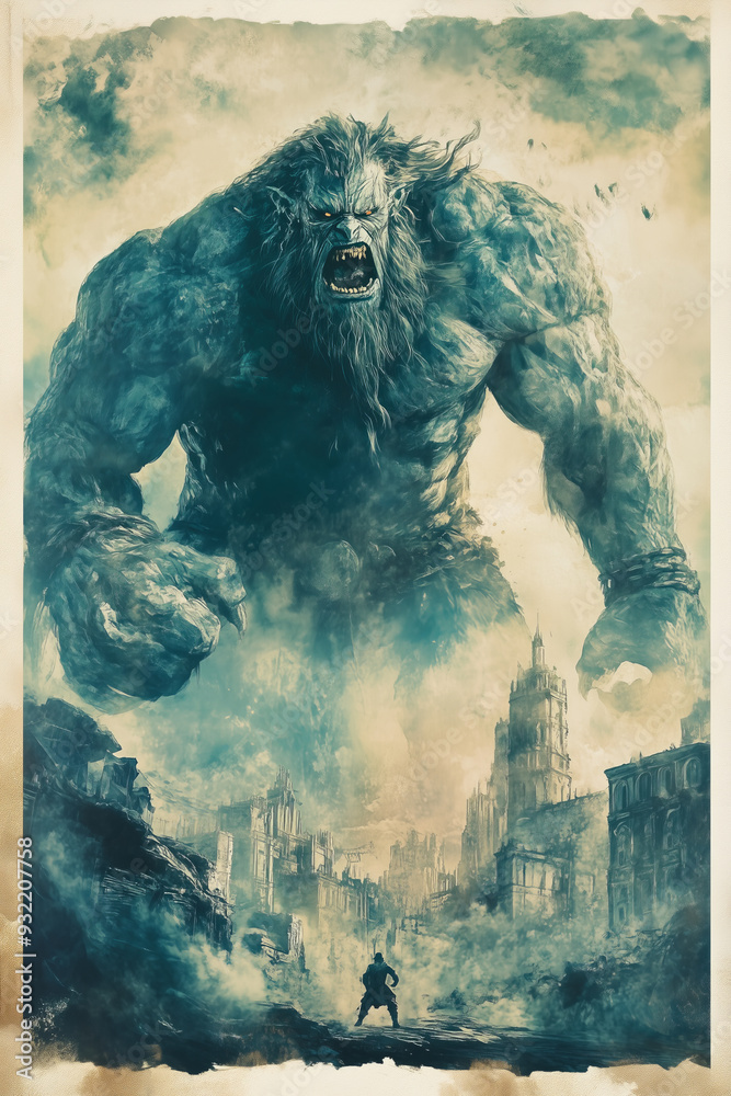 Watercolor painting of monsters attacking human cities. Watercolor painting of monsters attacking human cities.