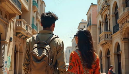 Tourists exploring the narrow streets of the old town in a warm place