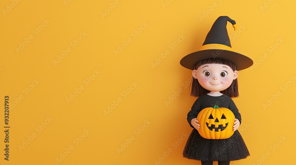 Children in witch costumes, making pumpkin crafts with glitter, 3D illustration