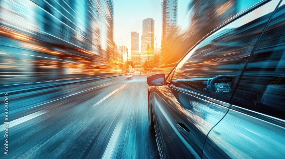 Modern Car Driving Fast in Urban Cityscape at Sunset Speed, Motion, and Urban Life Modern Car Driving Fast in Urban Cityscape at Sunset Speed, Motion, and Urban Life
