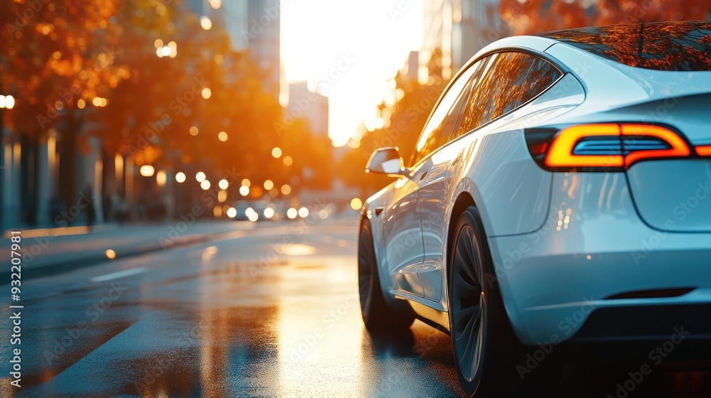 Sleek White Electric Car Driving Through City Street at Sunset