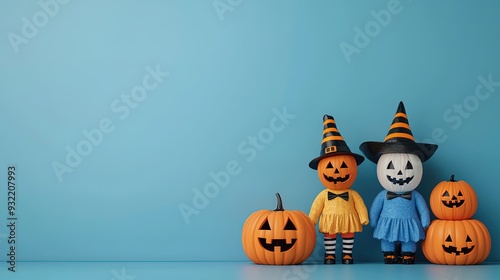 Halloween pumpkin decorating contest, kids in costumes, 3D illustration