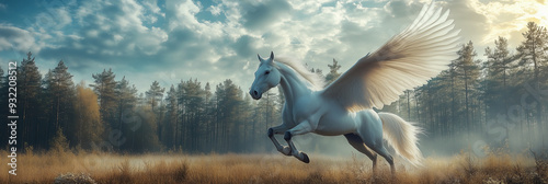 Pegasus flying in the forest, The elegance of mythical creatures photo