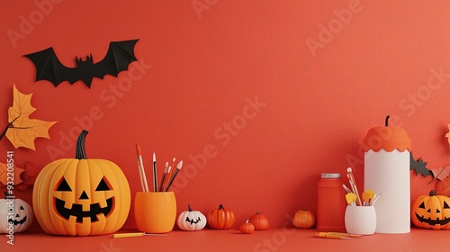Halloween-themed crafts, kids in costumes painting pumpkins, 3D illustration