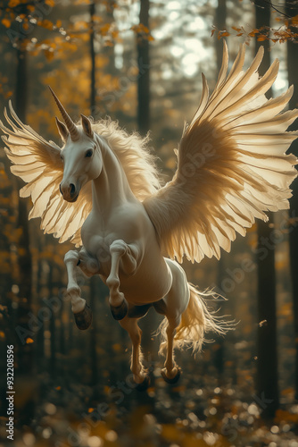 Pegasus flying in the forest, The elegance of mythical creatures photo