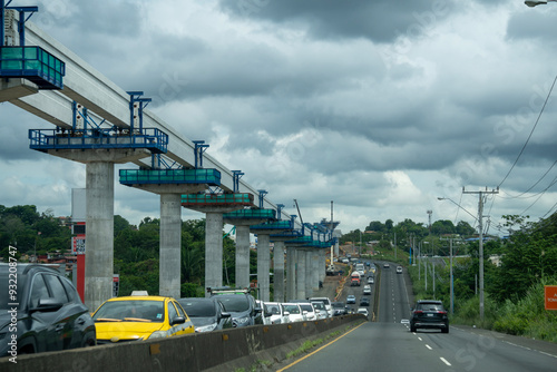 Vista panorámica de las vías elevadas del metro de Panama Oeste en construcción recorriendo un gran tramo de la carretera panamericana. photo
