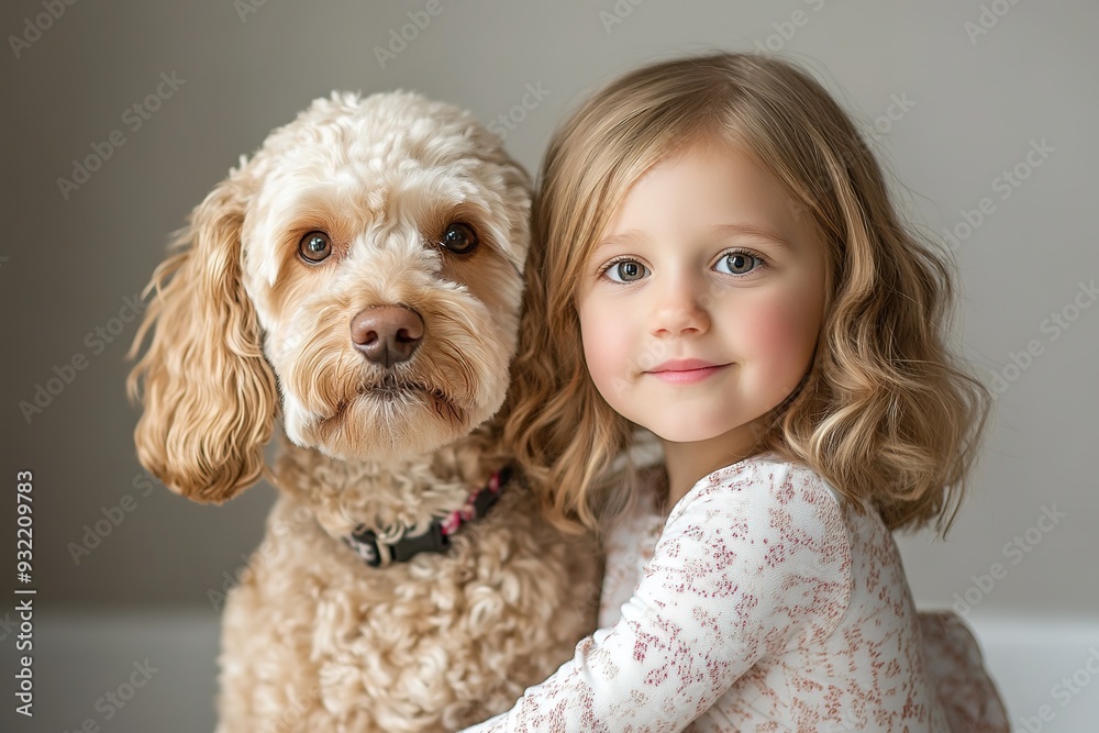 Girl with curly hair embracing a dog, both looking at camera Girl with curly hair embracing a dog, both looking at camera